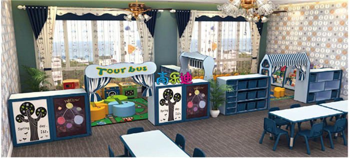 这套幼儿园家具有储物柜、黑板、幼儿园桌椅以及造型柜组合而成
